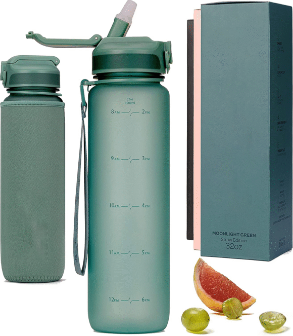 Water Bottle with Straw and Time Marker - 1 Liter BPA Free Leak Proof Sports Bottle - Condensation Free Water Bottle